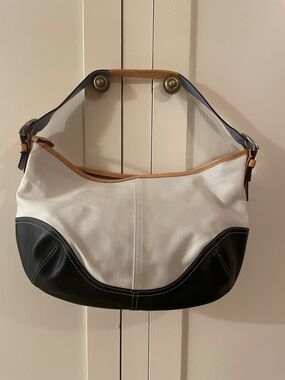 Coach SoHo Hobo White and Black Canvas & Leather Shoulder Bag w/Tan& Blue Trim